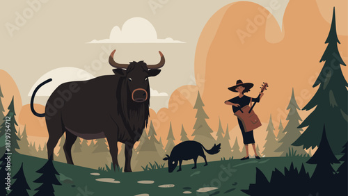 Minimalist wilderness scene with bull, musician, and dog in pastel forest setting