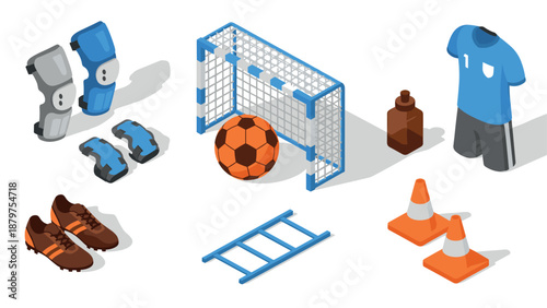Isometric soccer equipment set: ball, goal, jersey, and protective gear
