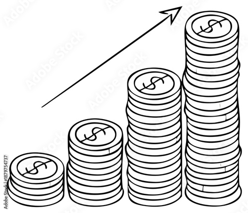 Illustration of rising coin stacks with a growth arrow symbolizing financial progress