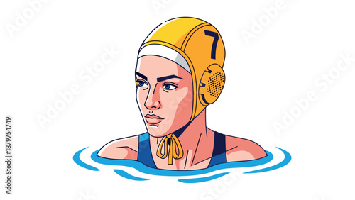 Water polo player with yellow cap in pool, focused expression, modern style