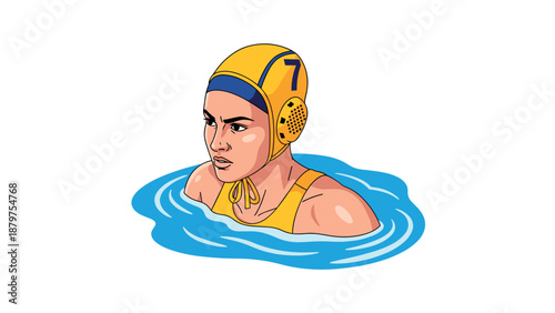 Water polo athlete wearing yellow cap in pool