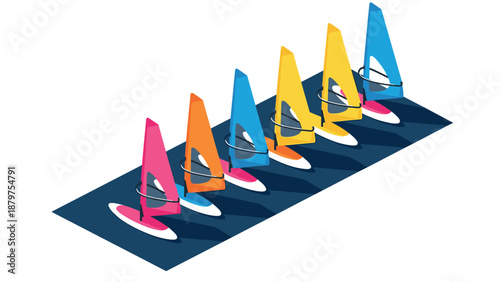 Colorful isometric sailboards aligned on water