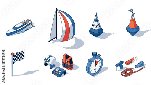 Isometric nautical items and racing gear: boat, sail, buoy, stopwatch, and more