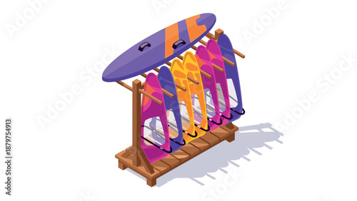 Colorful surfboards on wooden rack in isometric style for summer beach adventure