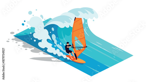 Windsurfing adventure on ocean waves with dynamic isometric art style