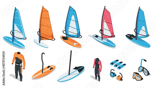 Isometric windsurfing equipment set with boards, sails, and gear in vibrant colors