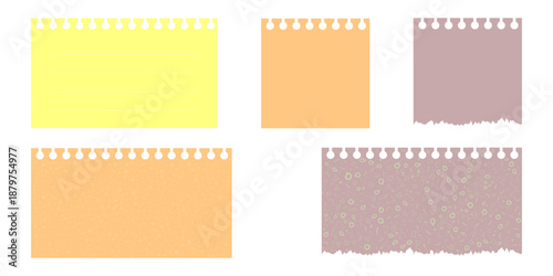 Torn notebook paper sheets vector set, colorful ripped spiral note page fragments with patterns and lines isolated on transparent