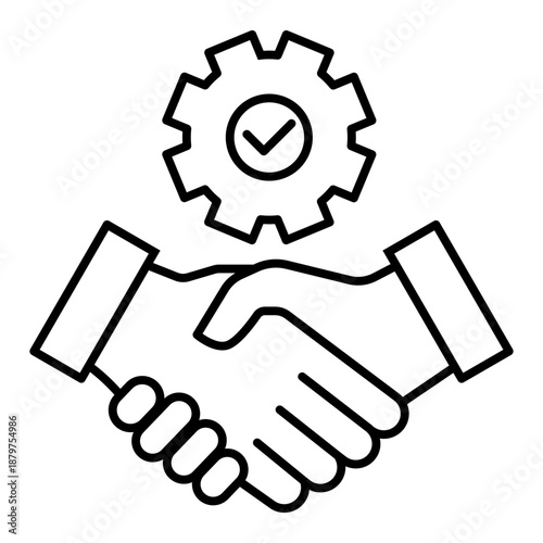 handshake with gear and checkmark line icon with editable stroke