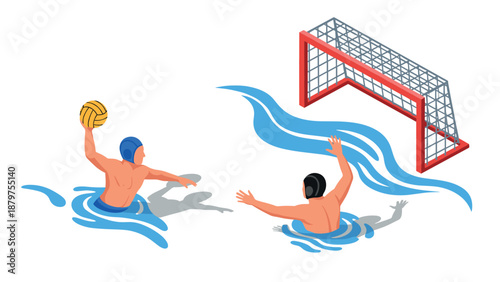 Dynamic water polo match with players and goal in action
