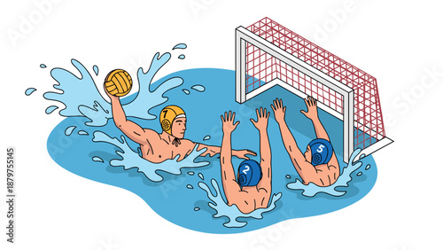 Intense water polo action with players and goal in dynamic landscape