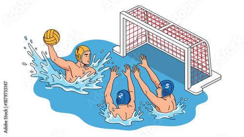 Water polo action: dynamic match with players and goal in cartoon style