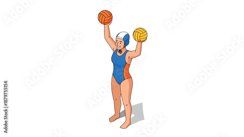Isometric water polo athlete holding two balls celebrating in swimwear