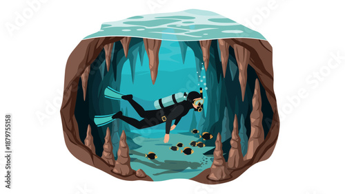 Scuba diver exploring underwater cave with colorful fish and stalactites