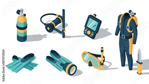 Isometric scuba diving gear collection featuring wetsuit, fins, and snorkel equipment for ocean exploration