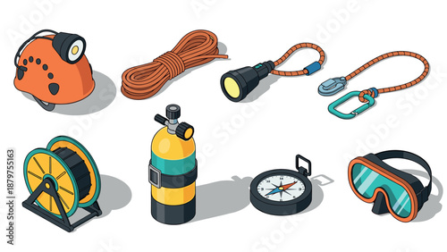 Isometric outdoor adventure gear set featuring climbing, diving, and hiking essentials