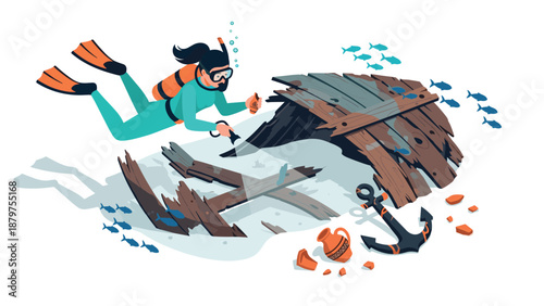 Diver exploring underwater shipwreck with coral and fish