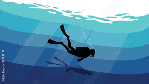 Scuba diver silhouette underwater adventure in deep blue ocean