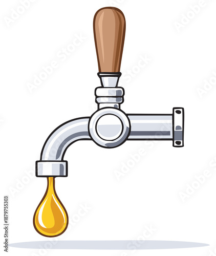 Illustration of a classic beer tap with wooden handle dispensing golden liquid, showcasing brewery equipment and pub related imagery