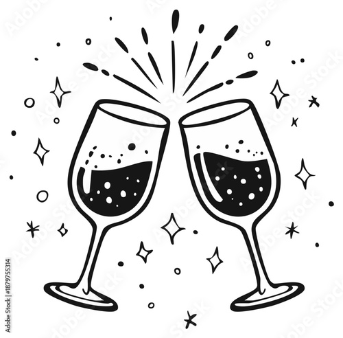 Toasting with Wine Glasses Celebration Doodle Design Sparkly Graphics
