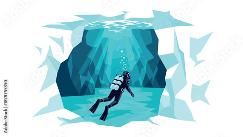 Underwater cave exploration with diver in minimalist design