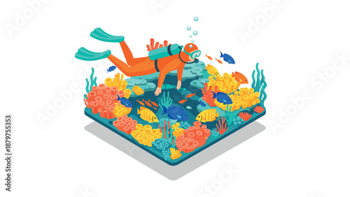 Isometric underwater scene with scuba diver exploring colorful coral reef