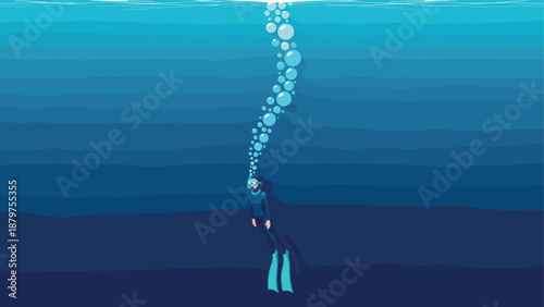 Deep sea diver in ocean with bubbles and gradient blue background