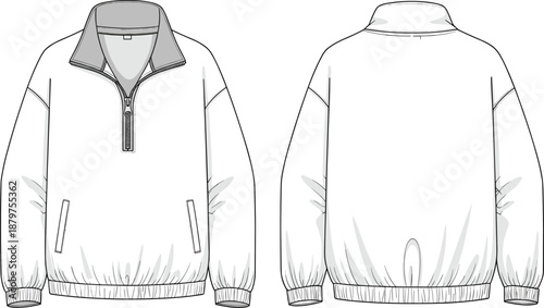 Pullover, jacket, technical, flat, sketch, front, back, view, apparel, design, template, casual, outerwear, clothing, vector, outline, isolated, modern, fashion, illustration
