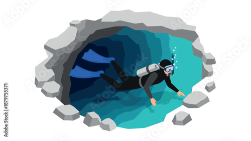 Diver exploring underwater cave in vibrant isometric design