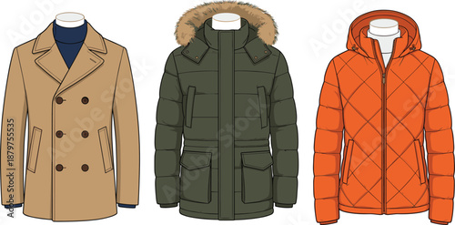 Winter, jackets, collection, fashion, outerwear, coats, parka, puffer, hooded, insulated, clothing, apparel, design, set, modern, warm, seasonal, vector, illustration, isolated
