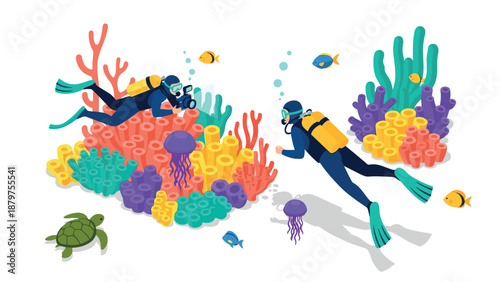 Scuba divers exploring vibrant coral reef with marine life in isometric style