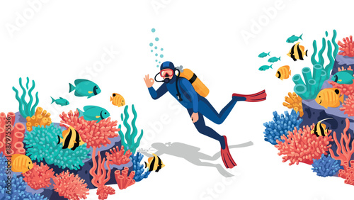 Colorful marine life and scuba diving adventure in coral reefs