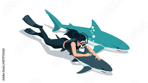 Diver and sharks in dynamic flat art style