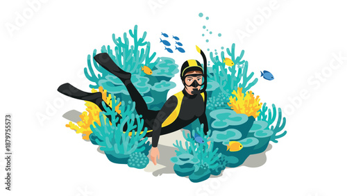 Diver exploring coral reef with marine life in a vibrant underwater scene