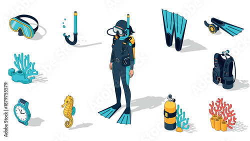 Scuba diving equipment with coral and marine life in isometric design