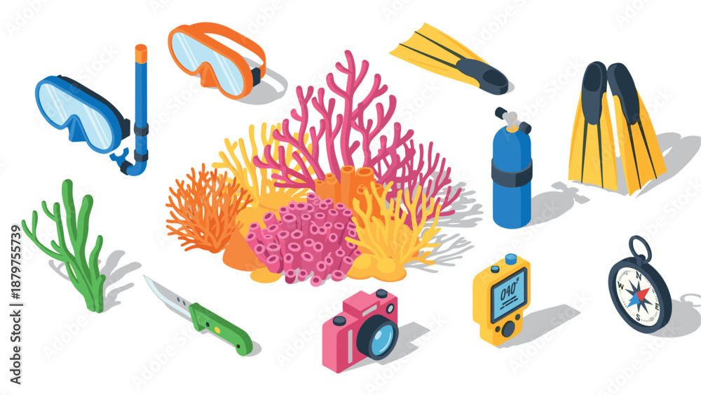 Fototapeta premium Isometric diving equipment and coral reef elements set