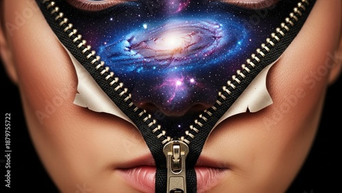 Surreal Conceptual Art of a Human Face Unzipping to Reveal a Galaxy Universe and Cosmic Nebula