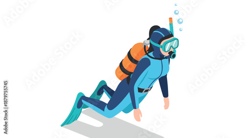 Isometric scuba diver in blue wetsuit with orange tank and snorkel