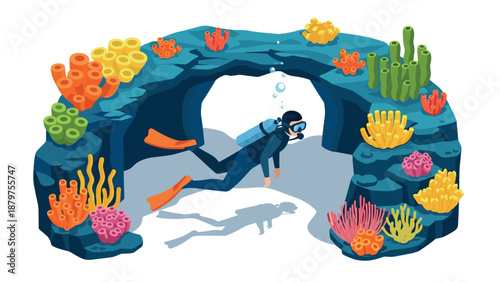 Scuba diver exploring underwater coral cave in vibrant marine habitat scene