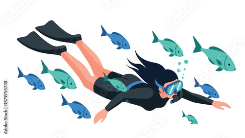 Underwater adventure: woman diving with tropical fish in flat design