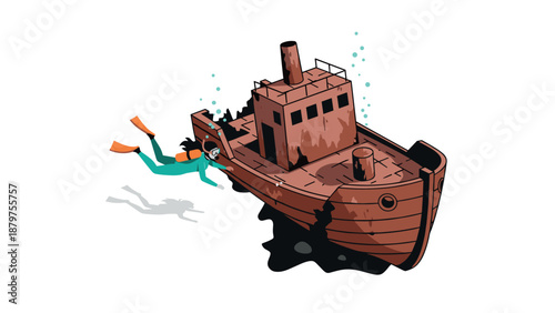 Diver exploring sunken shipwreck in deep ocean adventure scene