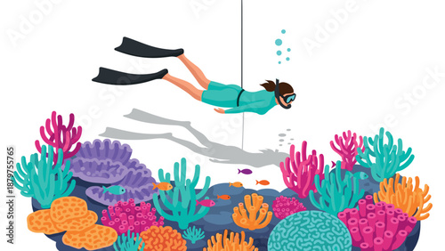 Isometric underwater adventure: coral reef scuba diving scene with colorful marine life