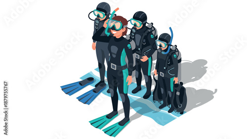 Team of divers preparing for underwater exploration in isometric style