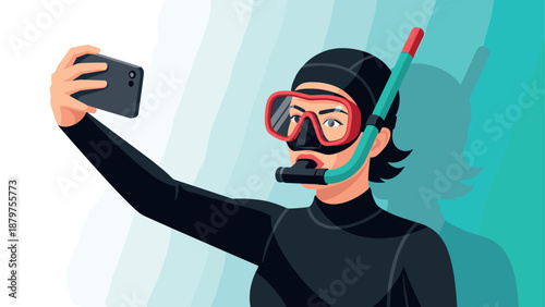 Diver taking selfie underwater in snorkeling gear