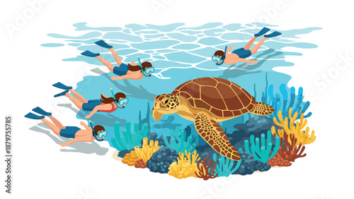 Colorful marine adventure with snorkelers and sea turtle in vibrant coral reef