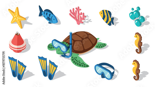 Underwater adventure: snorkeling gear and marine life isometric icons