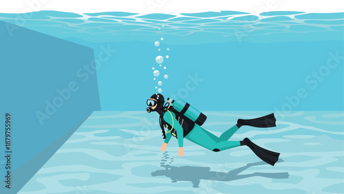 Scuba diver swimming underwater in pool