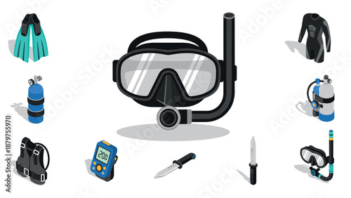 Diving equipment isometric design featuring mask, snorkel, and gear
