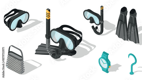 Isometric scuba diving gear set with snorkel, mask, fins and accessories