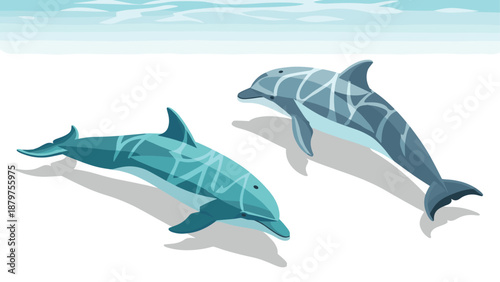 Oceanic dolphins with geometric patterns on beach sand in sunlight