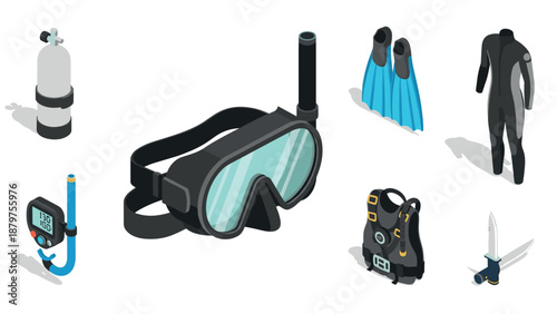 Isometric scuba diving gear set featuring mask, fins, and wetsuit for underwater adventures